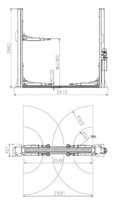 การออกแบบโครงสำหรับตั้งสิ่งของ 4T 2 โพสต์ไฮดรอลิกลิฟท์เชื่อมต่อที่ด้านล่างลิฟต์รถเพดานต่ำ